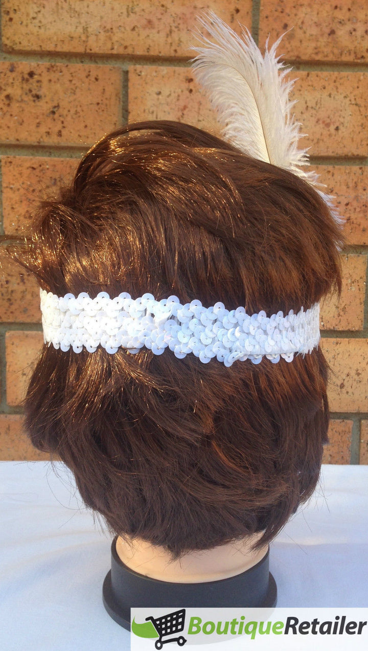 1920s FLAPPER HEADBAND Headpiece Feather Sequin Charleston Costume Gatsby Dance - White