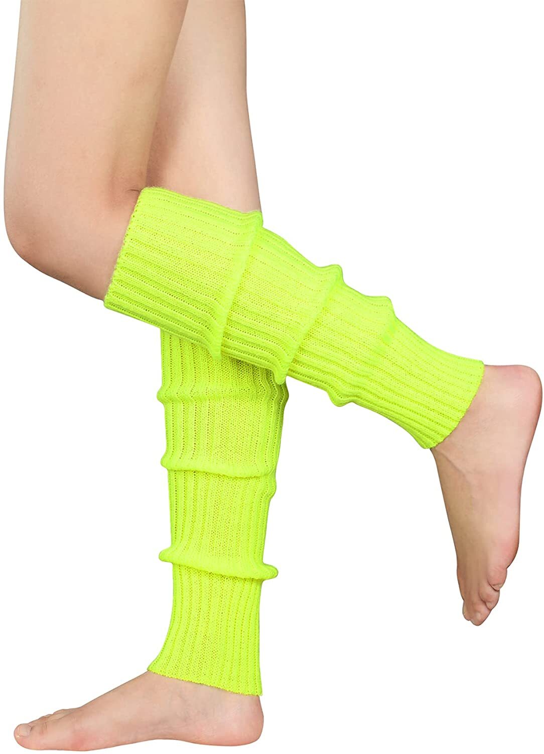 Pair of Womens Leg Warmers Disco Winter Knit Dance Party Crochet Legging Socks Costume - Fluro Yellow