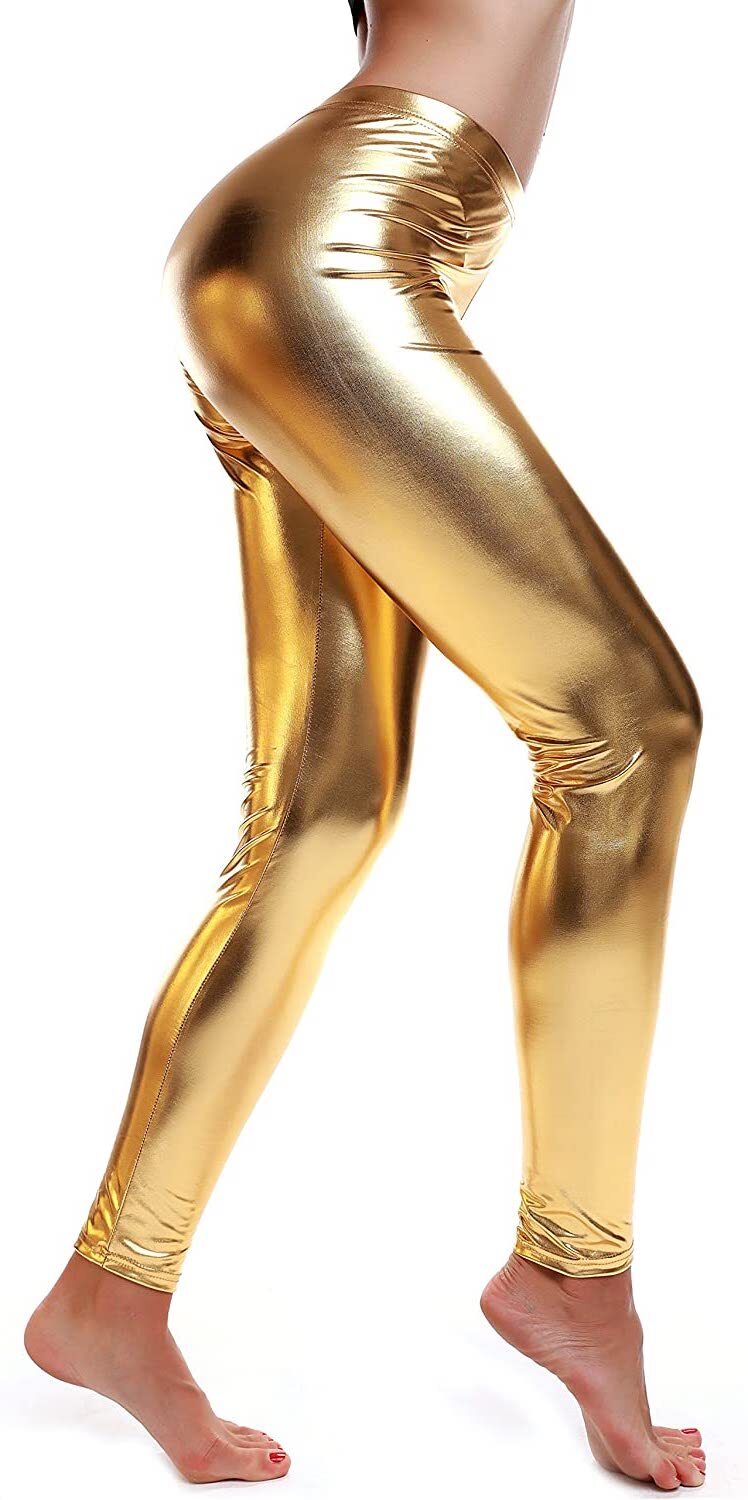 Metallic Leggings Stretchy Pants Neon Fluro Shiny Glossy Dress Up Dance Party - Bronze