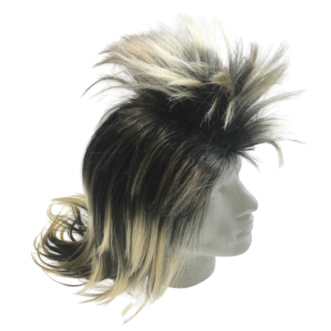 Mens Long SPIKY Wig Rock Punk 80s Fancy Dress Costume Bogan Mullet Spikey - Black/Blonde