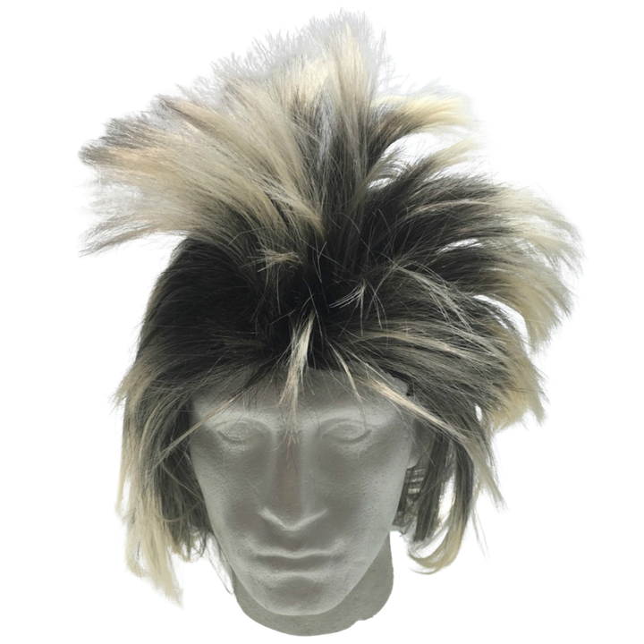 Mens Long SPIKY Wig Rock Punk 80s Fancy Dress Costume Bogan Mullet Spikey - Black/Blonde