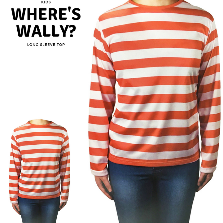 KIDS Red and White Striped Top Wheres Wally Wenda Waldo Shirt Costume Party Book Week - Large (10-12 Years Old)