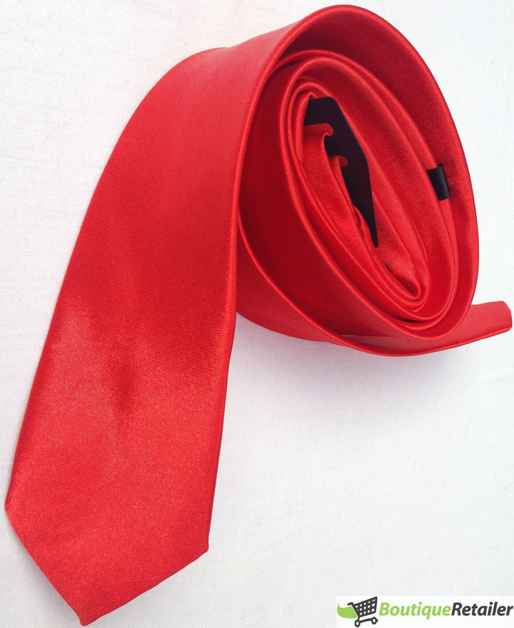 Mens SKINNY TIE Plain Wedding Slim Necktie Formal Casual Narrow Party - Red