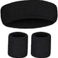 WRISTBAND & HEADBAND SET Tennis Terry Towelling Cotton Sweat Band Team Gym  - Black