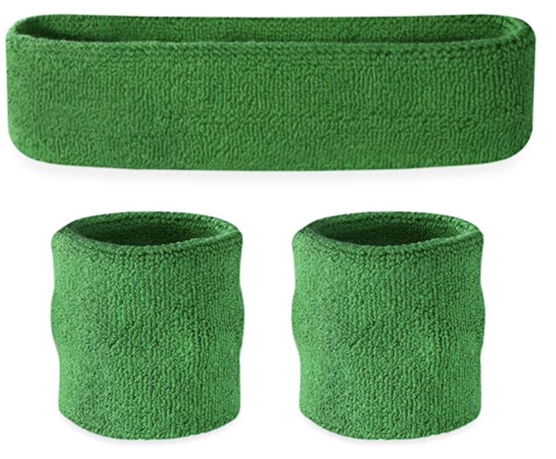 WRISTBAND & HEADBAND SET Tennis Terry Towelling Cotton Sweat Band Team Gym  - Green