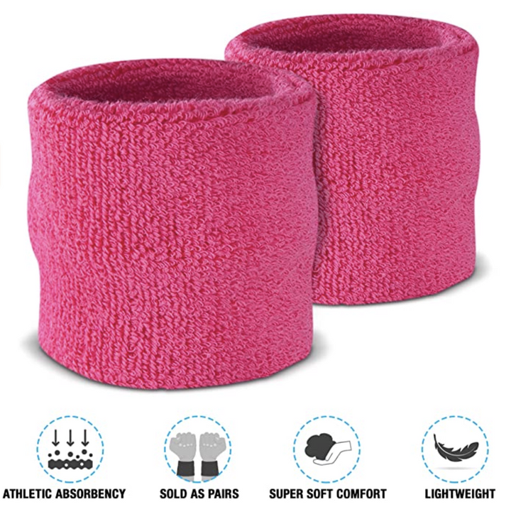 WRISTBAND & HEADBAND SET Tennis Terry Towelling Cotton Sweat Band Team Gym  - Hot Pink