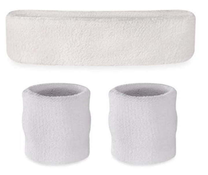 WRISTBAND & HEADBAND SET Tennis Terry Towelling Cotton Sweat Band Team Gym  - White