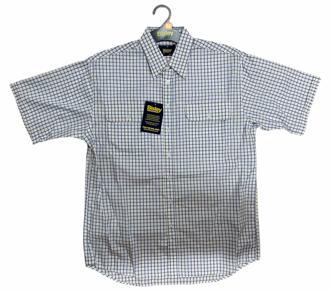 Bisley Mens Short Sleeve Check Shirt Checkered Cotton Blend Casual Business Work - Beige - M