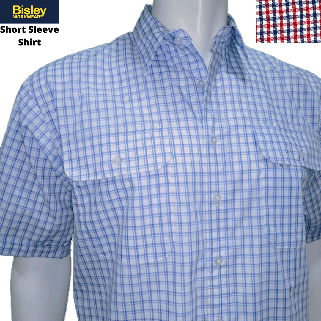 Bisley Mens Short Sleeve Check Shirt Checkered 100% Cotton Casual Business Work - Red - S