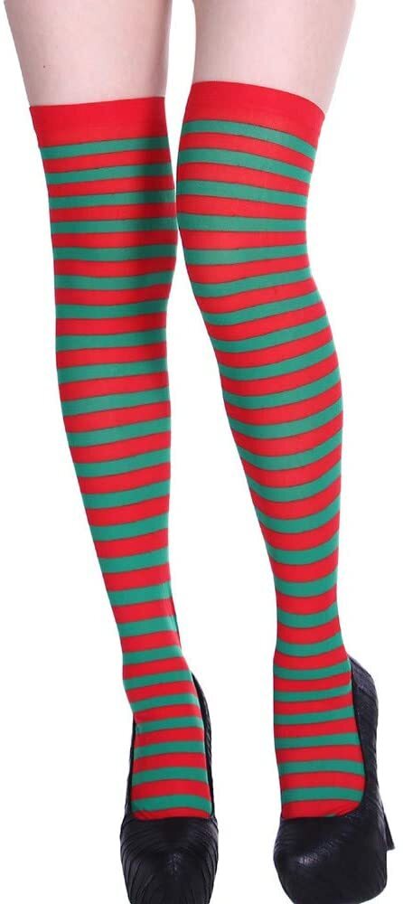 Christmas Over The Knee Socks Red Green Xmas Candy Cane Striped Socks Elf