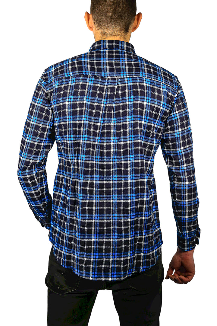 Mens Flannelette Long Sleeve Shirt 100% Cotton Check Authentic Flannel - Full Placket - Turquoise/Black - L