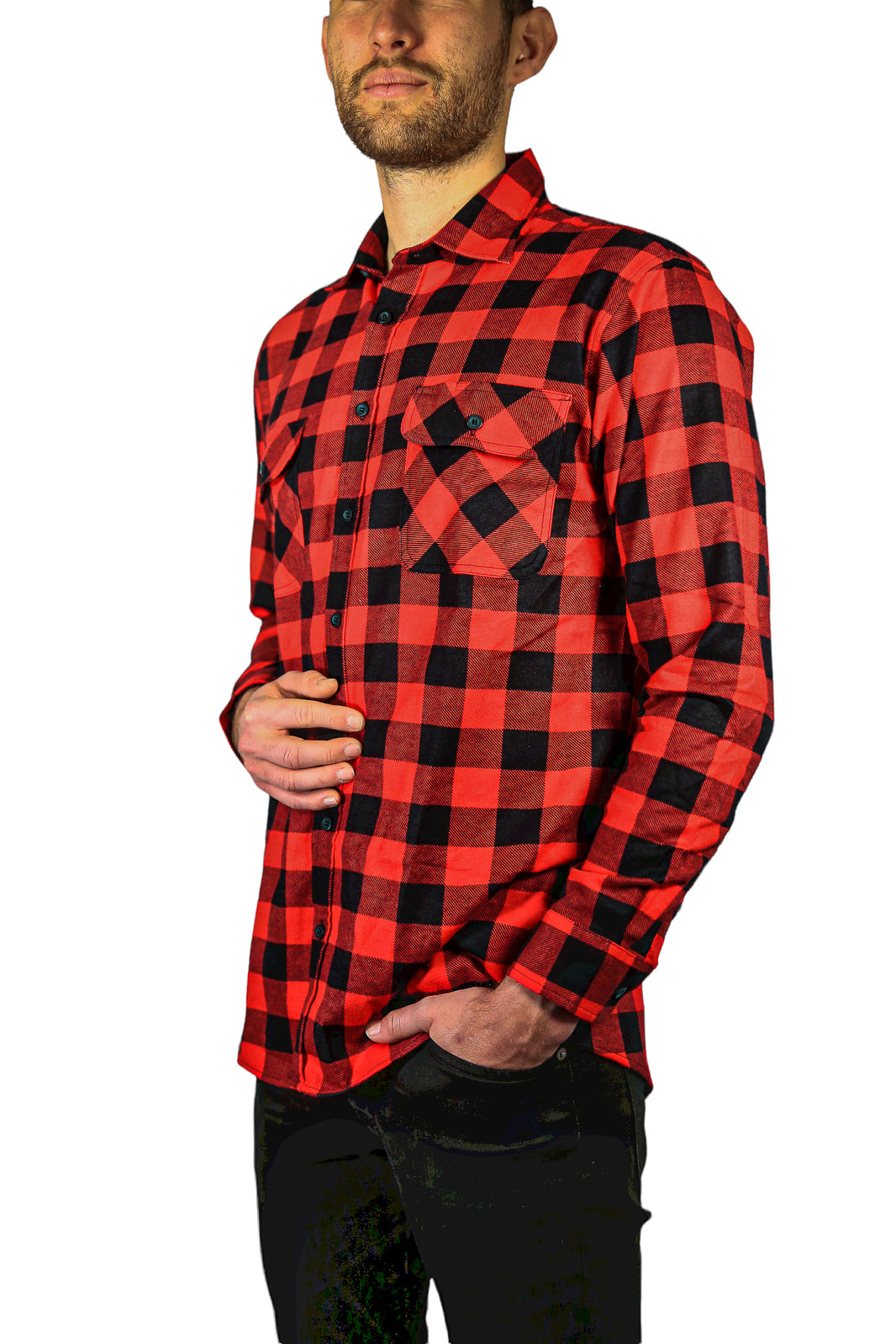 Mens 100% Cotton Flannelette Shirt Long Sleeve Check Authentic Flannel - Red/Black - 5XL