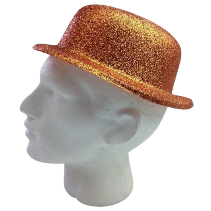 GLITTER BOWLER HAT Fancy Party Plastic Costume Cap Fun Dress Up Sparkle - Orange