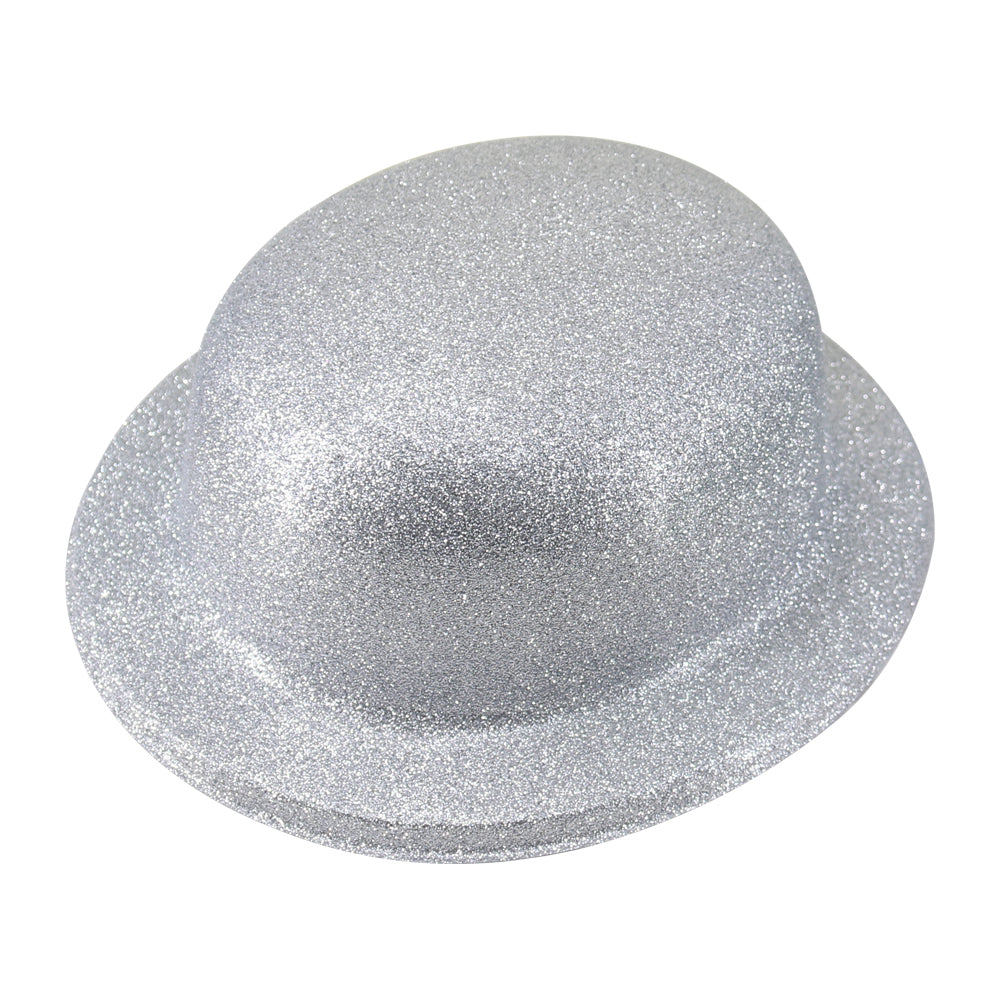 GLITTER BOWLER HAT Fancy Party Plastic Costume Cap Fun Dress Up Sparkle - White/Silver