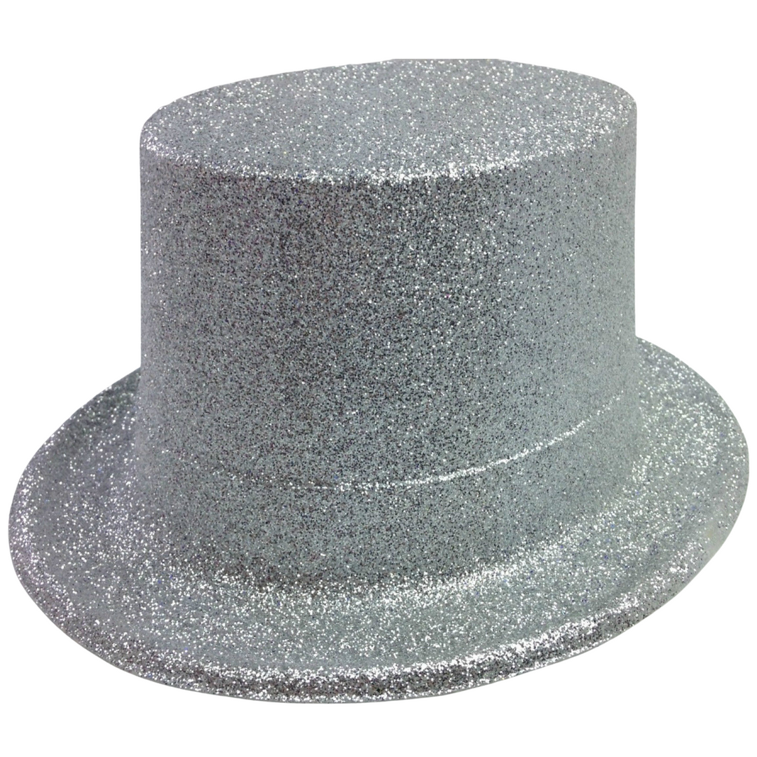 GLITTER TOP HAT Fancy Party Plastic Costume Tall Cap Fun Dress Up Sparkle - Silver