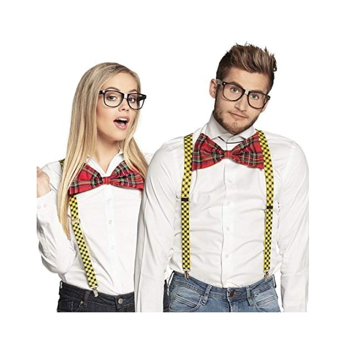 NERD COSTUME KIT Set Geek Glasses Fancy Dress Retro Funny Braces Bow Tie Party