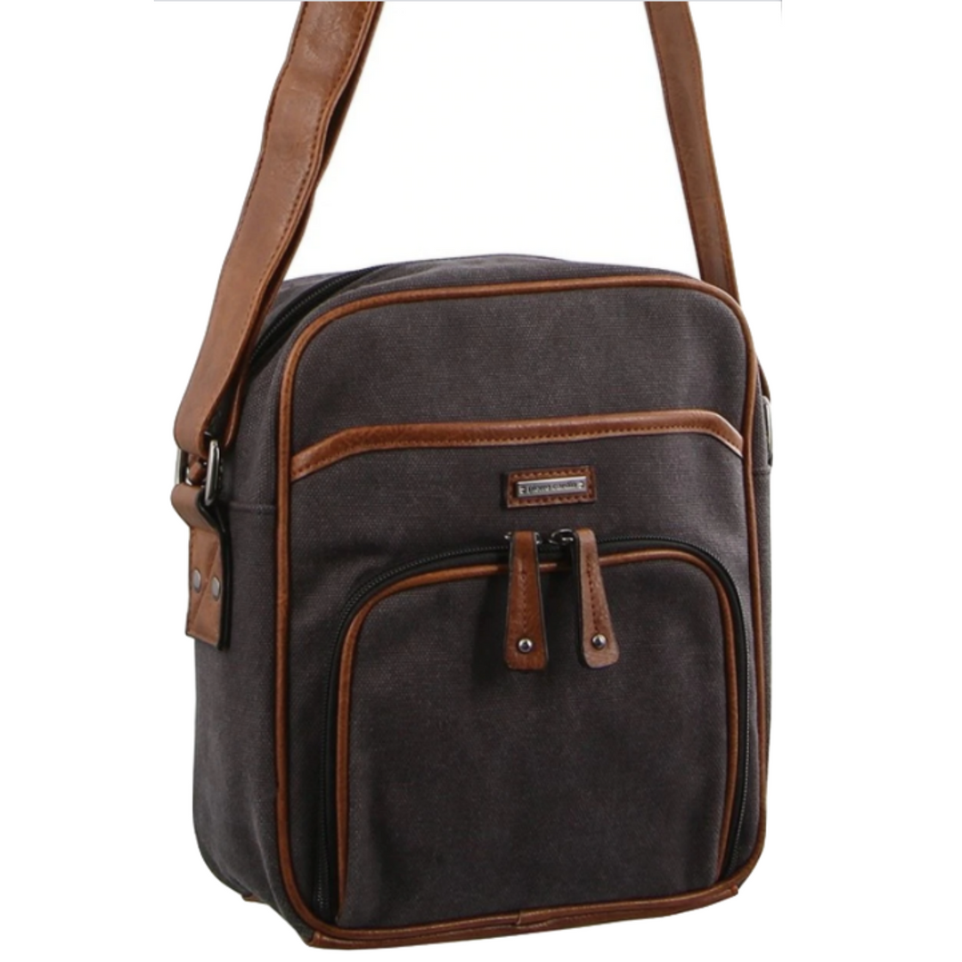 Pierre Cardin Canvas Cross Body Messenger Bag Mens Ladies Satchel Day Pack - Black