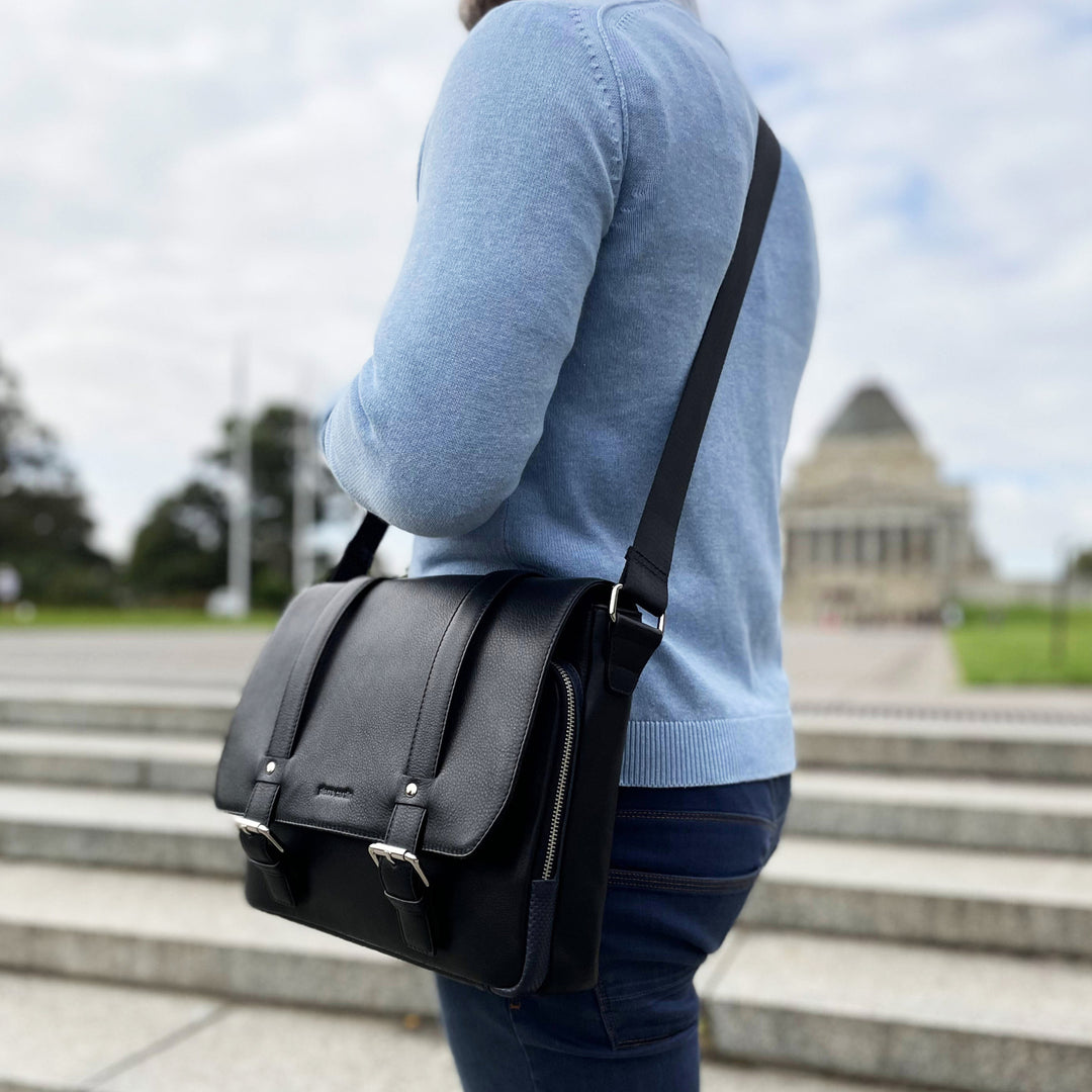 Pierre Cardin Pebbled Leather 13" Laptop Computer Bag Overnight Satchel - Black