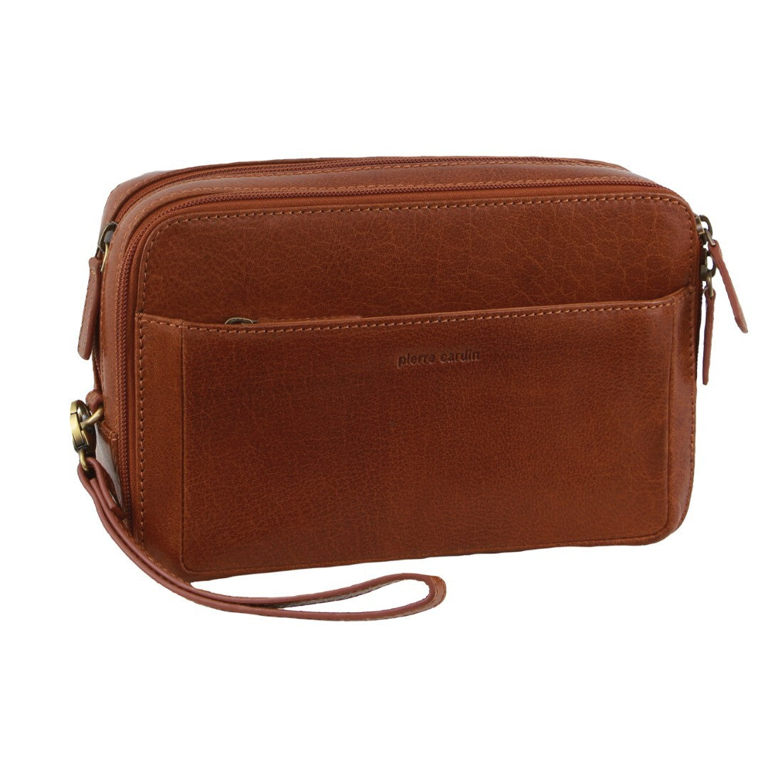 Pierre Cardin Mens Leather Toiletry Bag Travel Organizer Wash Case - Tan