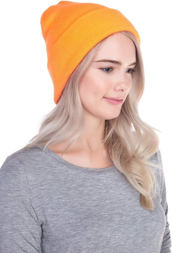 PLAIN BEANIE Unisex Mens Womens Winter Warm Hat Ski Cap Knit One Size - Fluro Orange