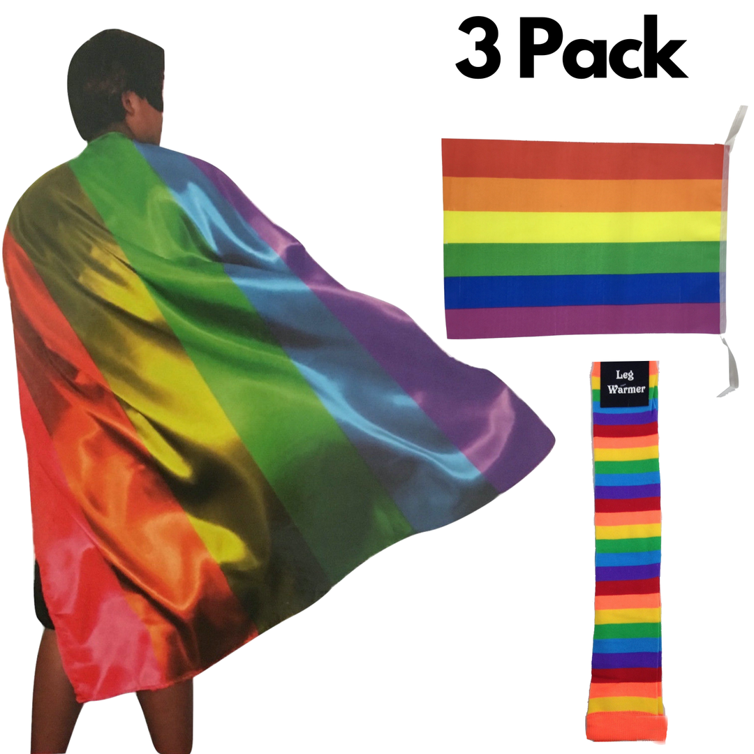 3x Set Rainbow Leg Warmers + Deluxe Cape + Bunting Flag Lesbian Gay Costume