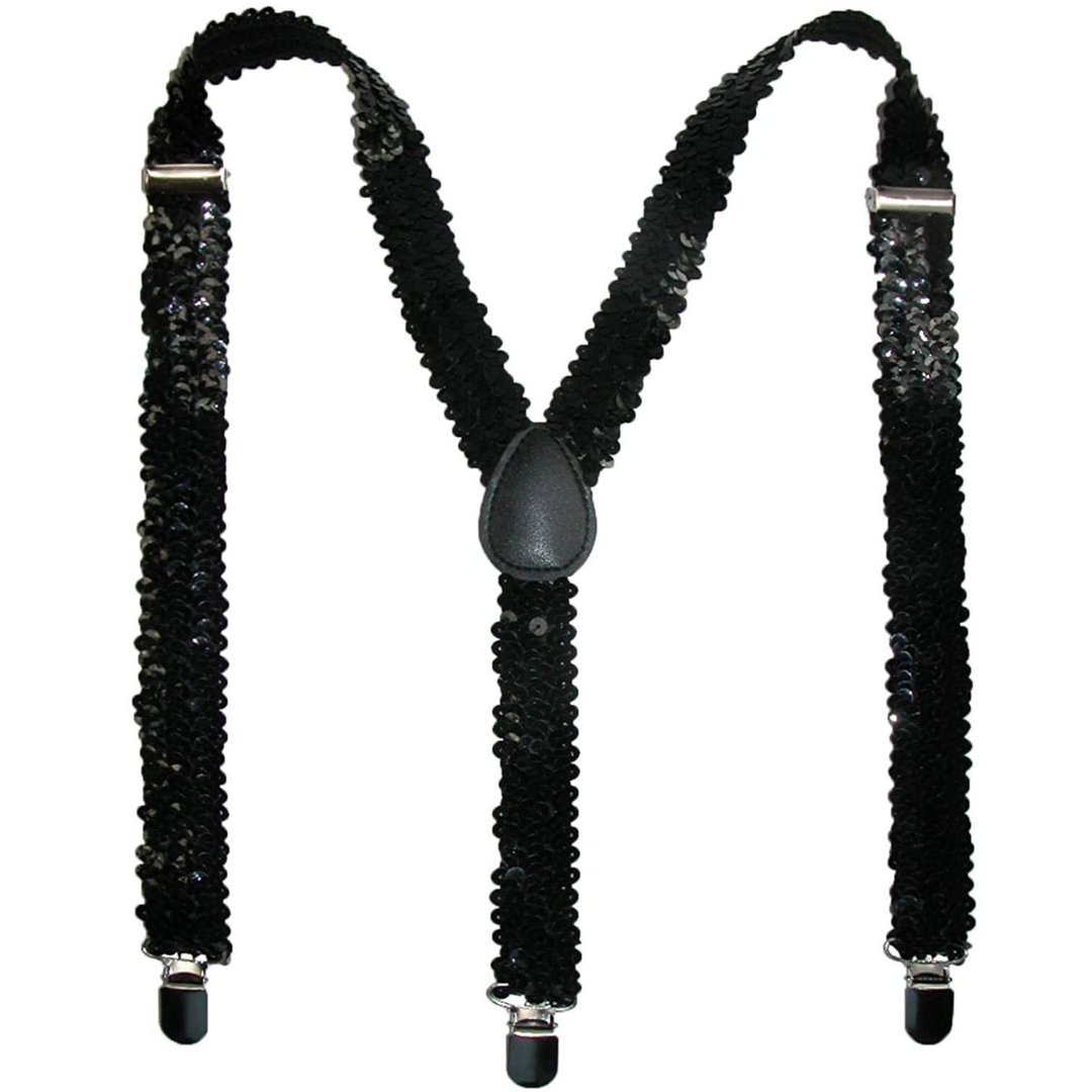 Mens Suspenders Braces Adjustable Strong Clip On Elastic Formal Wedding Slim - Black (Sequin)