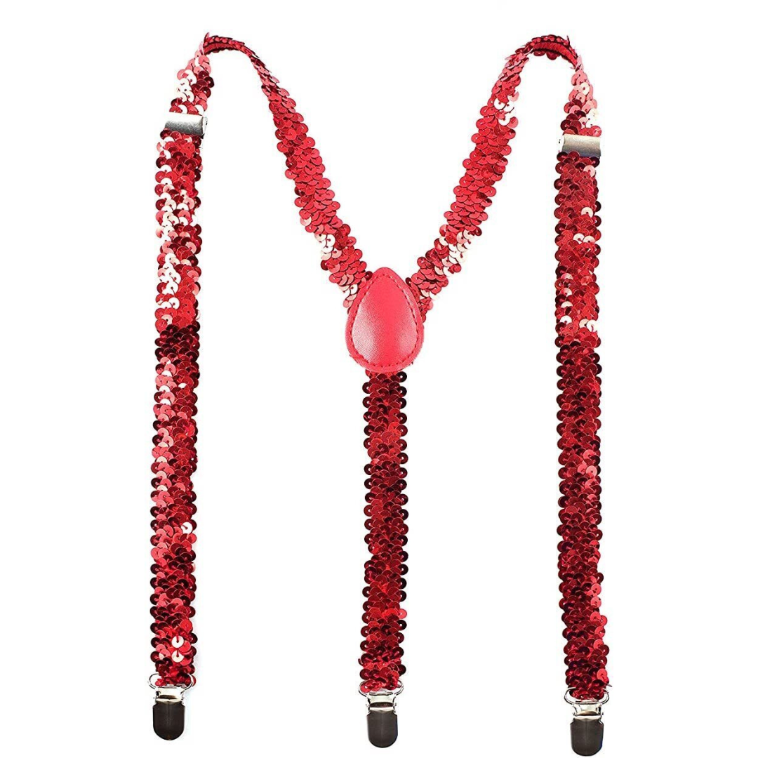 Mens Suspenders Braces Adjustable Strong Clip On Elastic Formal Wedding Slim - Red (Sequin)