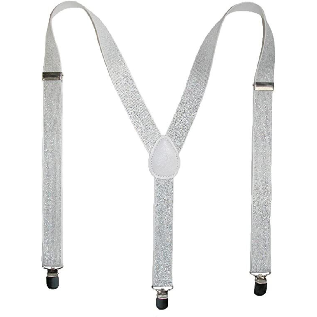 Mens Suspenders Braces Adjustable Strong Clip On Elastic Formal Wedding Slim - White (Glitter)