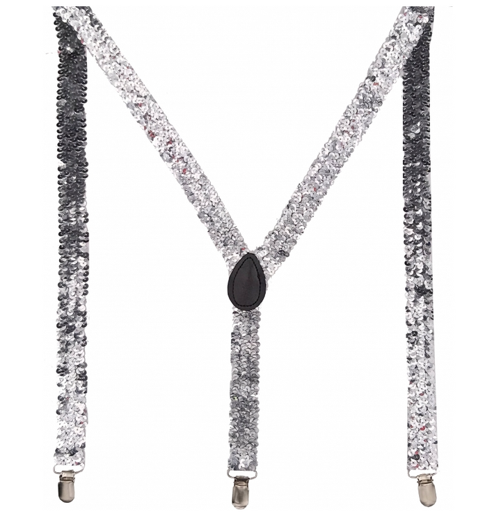 SEQUIN SUSPENDERS Unisex Adjustable Braces Clip On Elastic Y-Back  - Silver