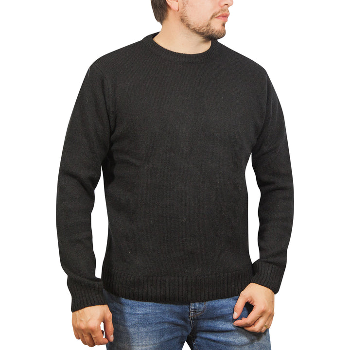 100% SHETLAND WOOL CREW Round Neck Knit JUMPER Pullover Mens Sweater Knitted - Plain Black - 6XL