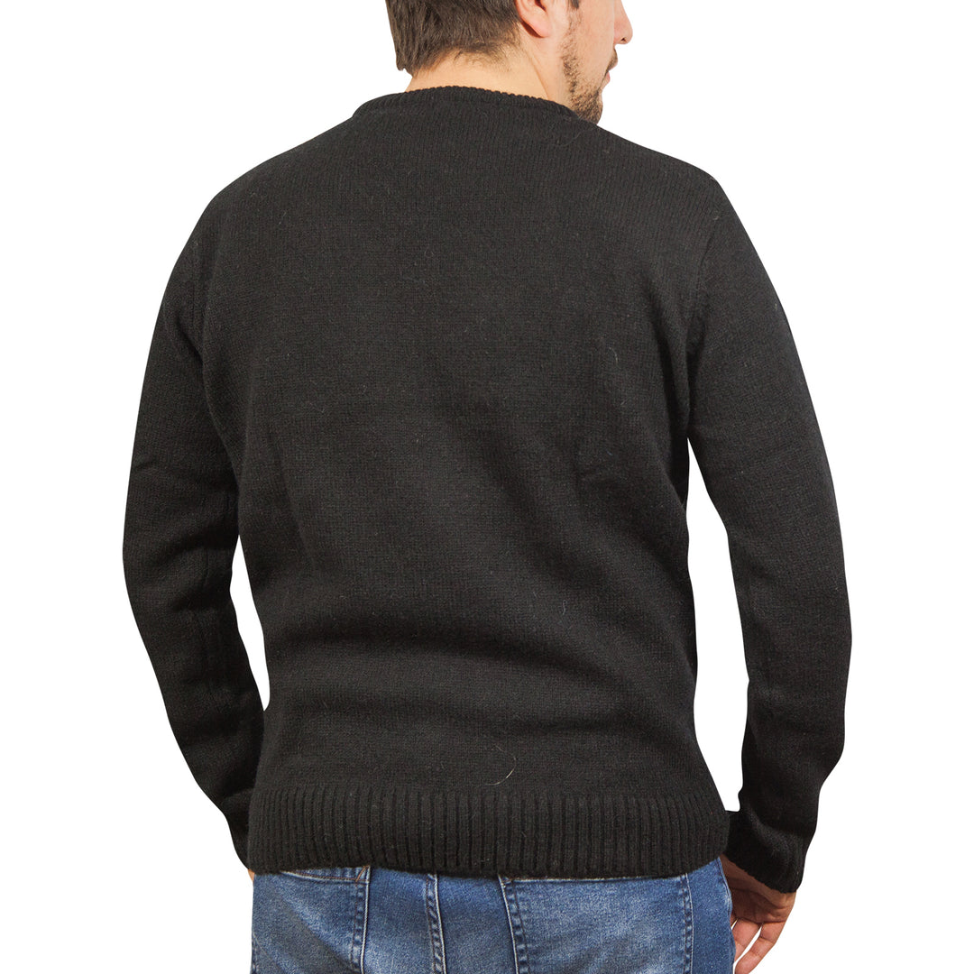 100% SHETLAND WOOL CREW Round Neck Knit JUMPER Pullover Mens Sweater Knitted - Plain Black - L