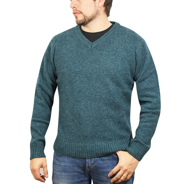 100% Shetland Wool V Neck Knit Jumper Pullover Mens Sweater Knitted - Sherwood (32) - M