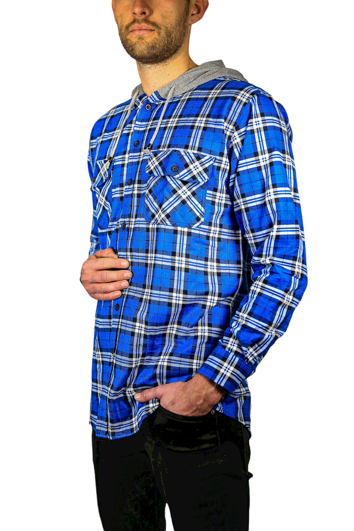 Mens Cotton Flannelette Shirt w Jersey Hood Long Sleeve Flannel - Spanish Blue - 3XL