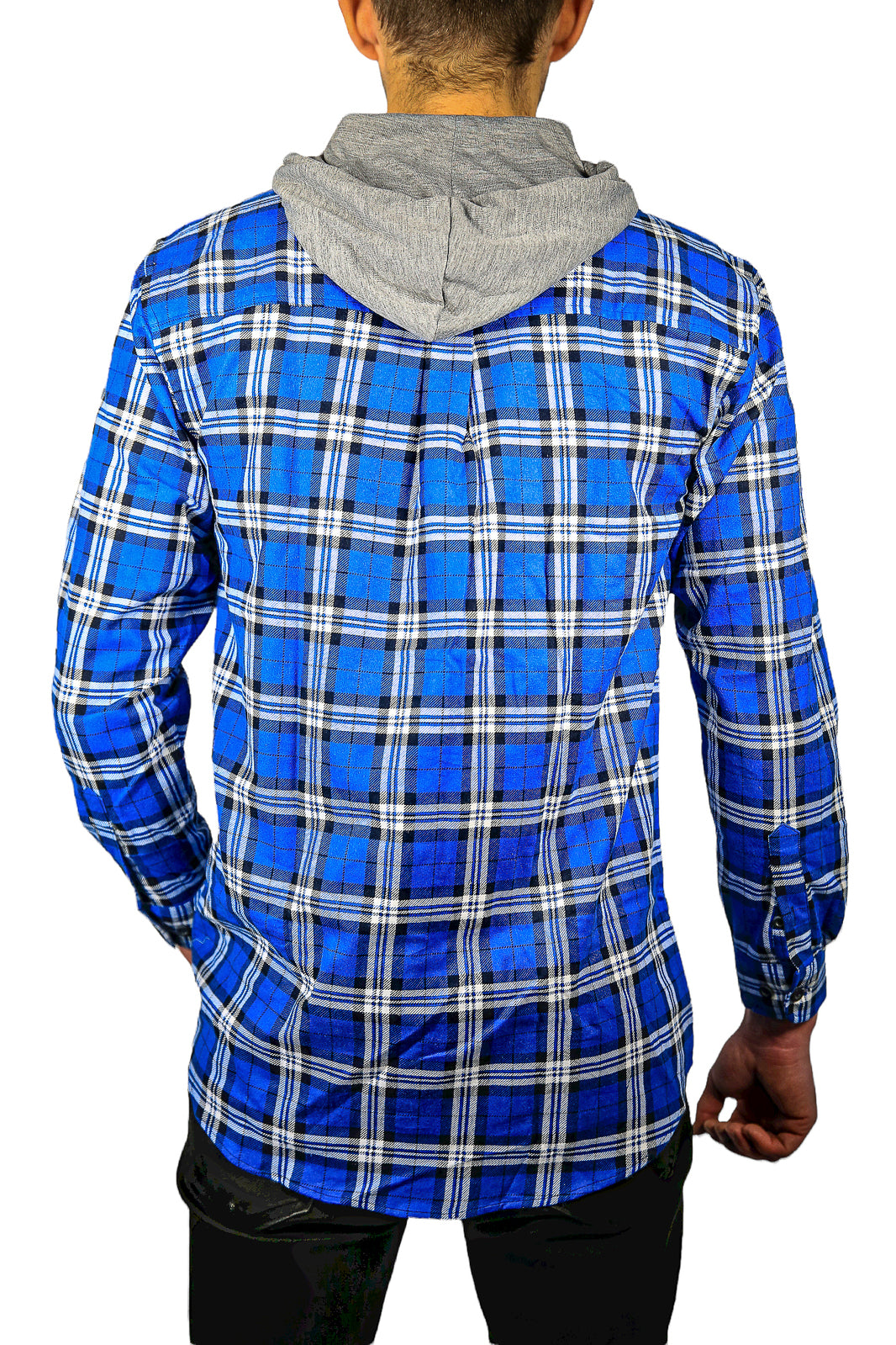 Mens Cotton Flannelette Shirt w Jersey Hood Long Sleeve Flannel - Spanish Blue - 3XL