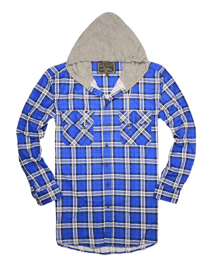 Mens Cotton Flannelette Shirt w Jersey Hood Long Sleeve Flannel - Spanish Blue - 3XL