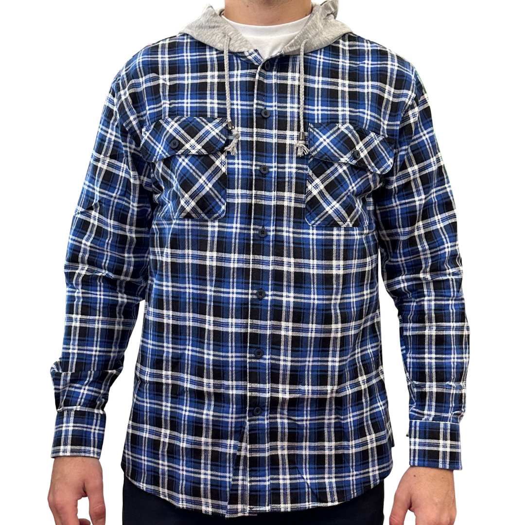 Mens Cotton Flannelette Shirt w Jersey Hood Long Sleeve Flannel - Denim - 2XL