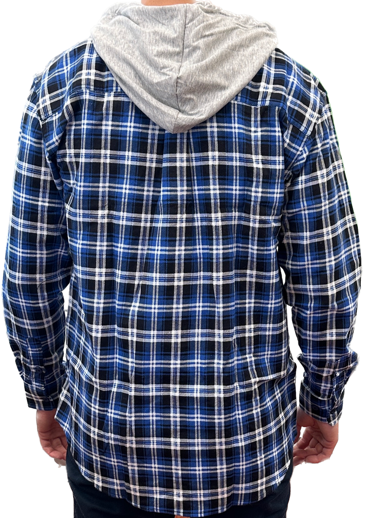 Mens Cotton Flannelette Shirt w Jersey Hood Long Sleeve Flannel - Denim - 2XL