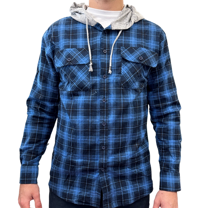 Mens Cotton Flannelette Shirt w Jersey Hood Long Sleeve Flannel - Blue - S