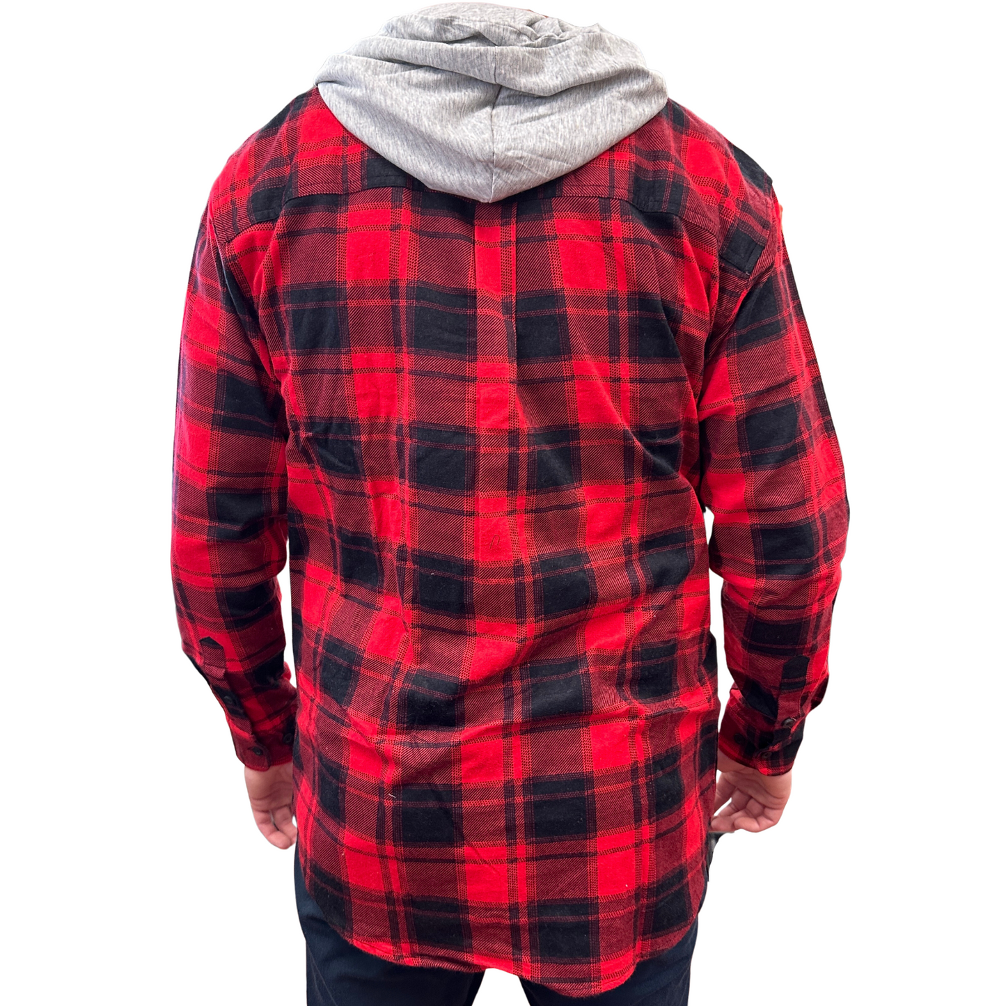 Mens Cotton Flannelette Shirt w Jersey Hood Long Sleeve Flannel - Red - L