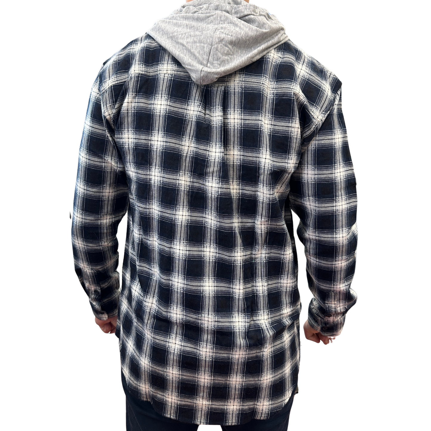 Mens Cotton Flannelette Shirt w Jersey Hood Long Sleeve Flannel - Black - M