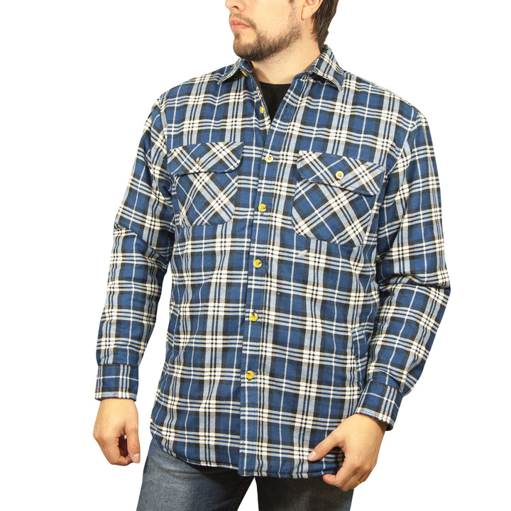 Jacksmith Quilted Flannelette Shirt Mens Jacket 100% Cotton Padded Warm Winter Flannel - Navy/Light Blue - XXL