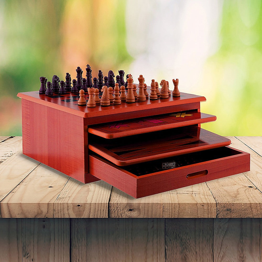 10 in 1 Wooden Chess Board Games Slide Out Checkers House Unit Set