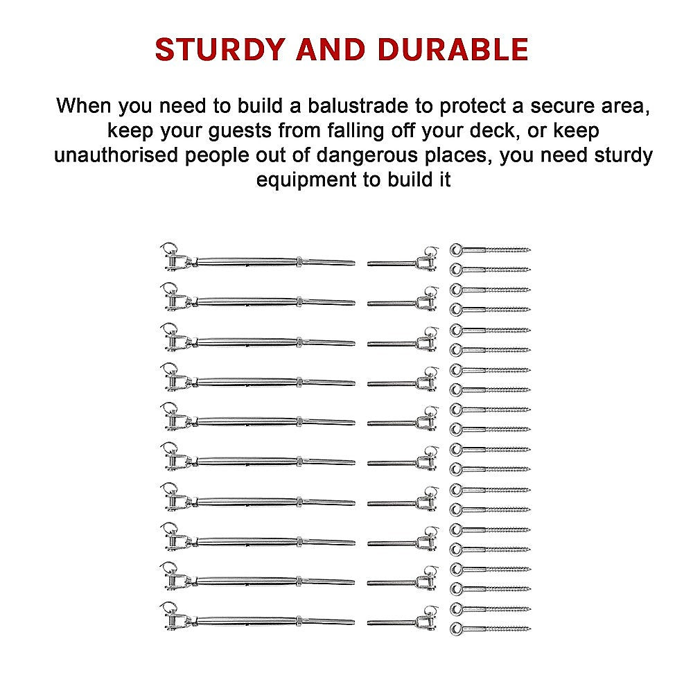 Stainless Steel Wire Rope DIY Balustrade Kit Jaw/Swage Fork Turnbuckle - 10 pack