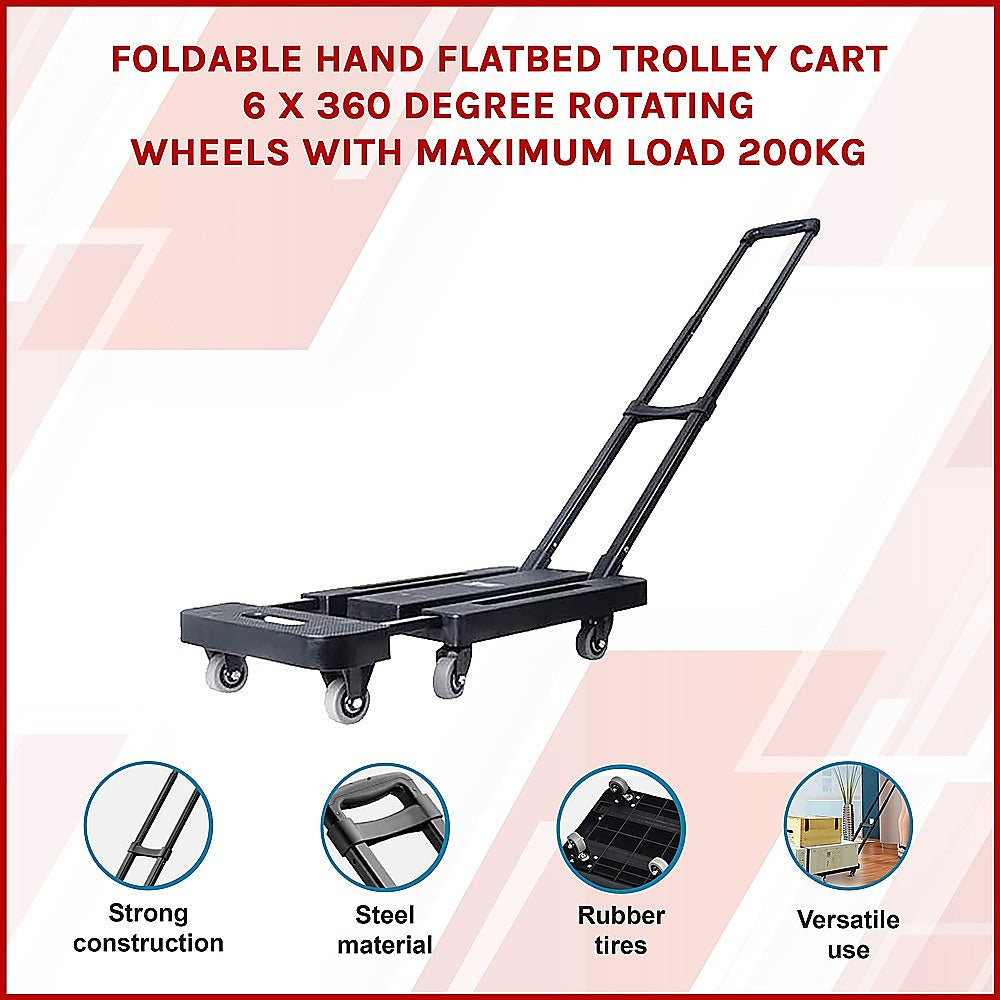 Foldable Hand Flatbed Trolley Cart 6 x 360 Degree Rotating Wheels with Maximum Load 200Kg