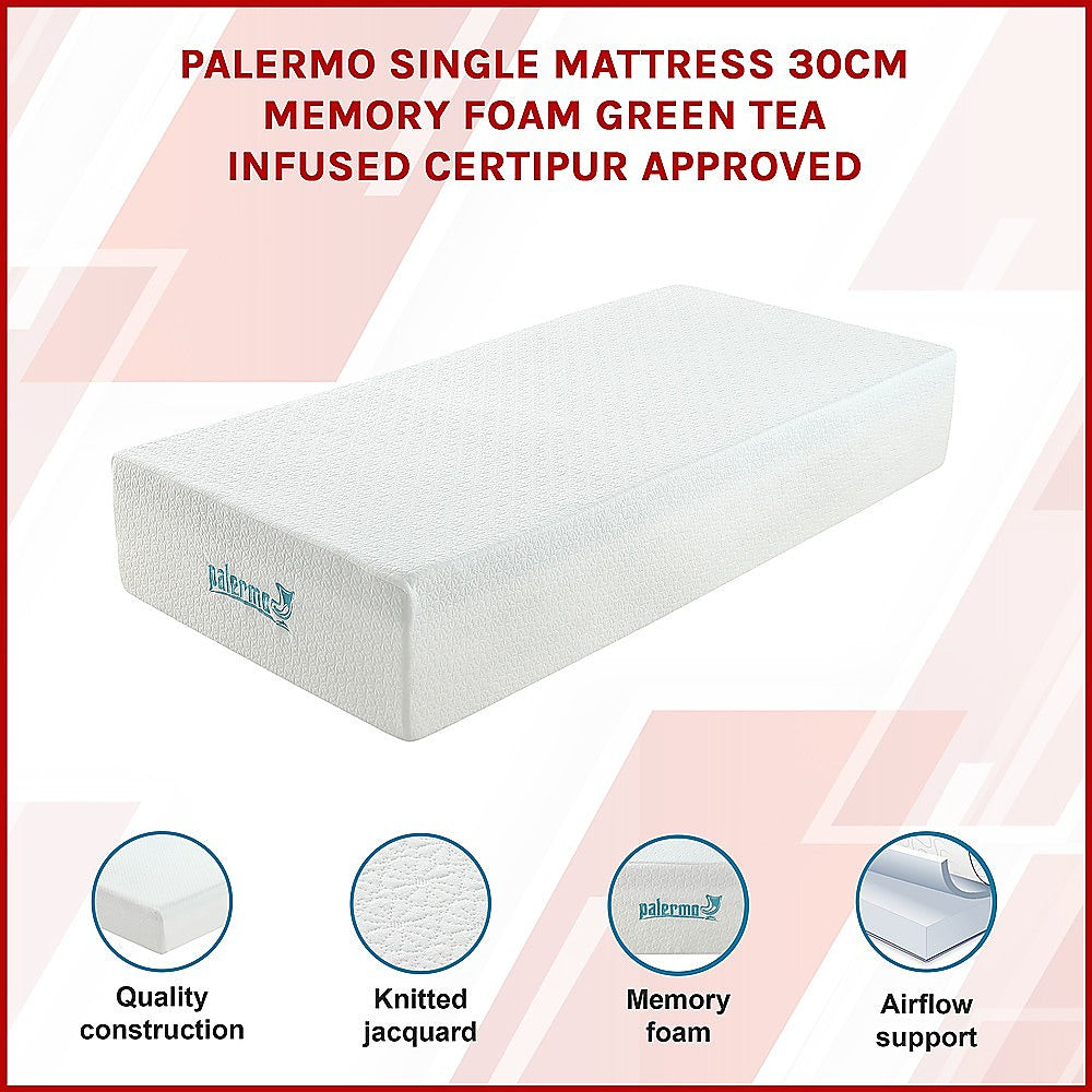 Palermo Single Mattress 30cm Memory Foam Green Tea Infused CertiPUR Approved