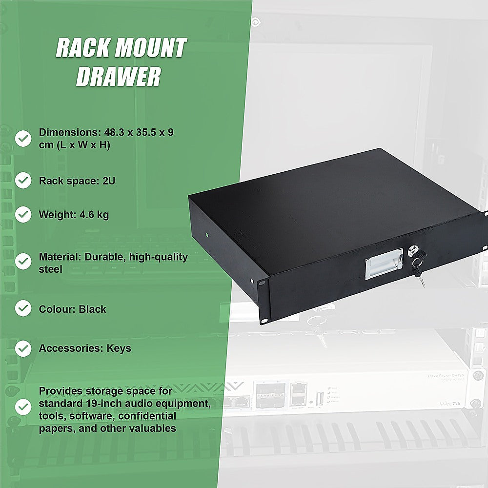 19" Rack Mount 2U Steel Plate DJ Drawer Equipment Cabinet Locking Lockable