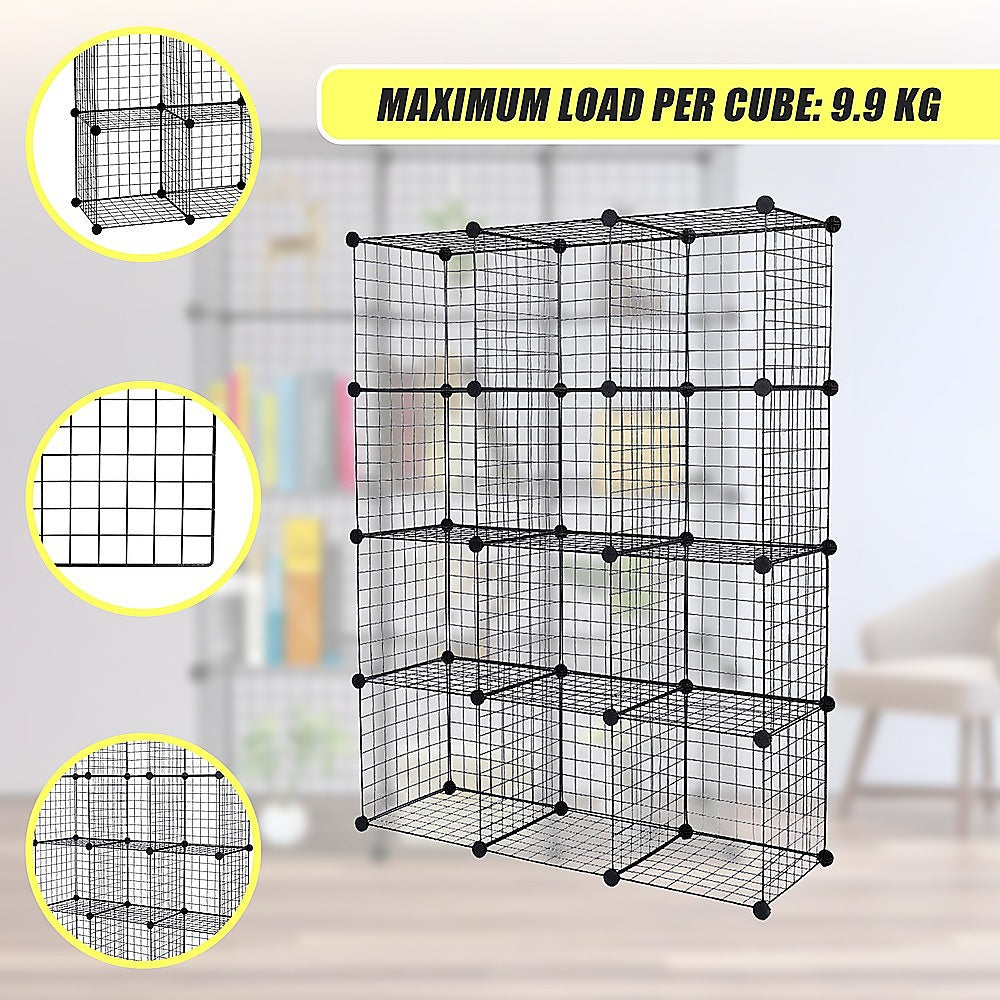 12 Cube Wire Grid Organiser Bookcase Storage Cabinet Wardrobe Closet Black