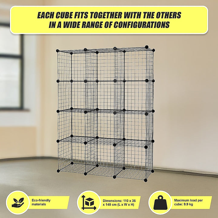 12 Cube Wire Grid Organiser Bookcase Storage Cabinet Wardrobe Closet Black