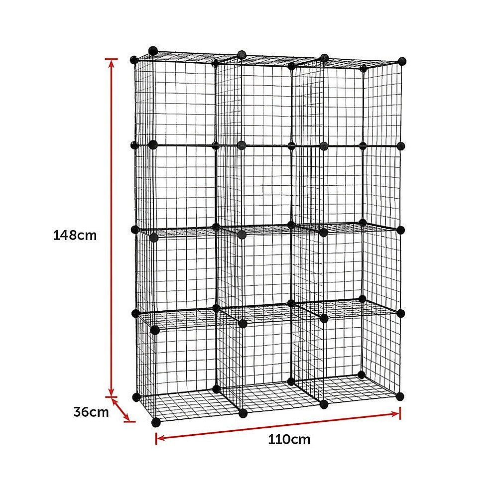 12 Cube Wire Grid Organiser Bookcase Storage Cabinet Wardrobe Closet Black