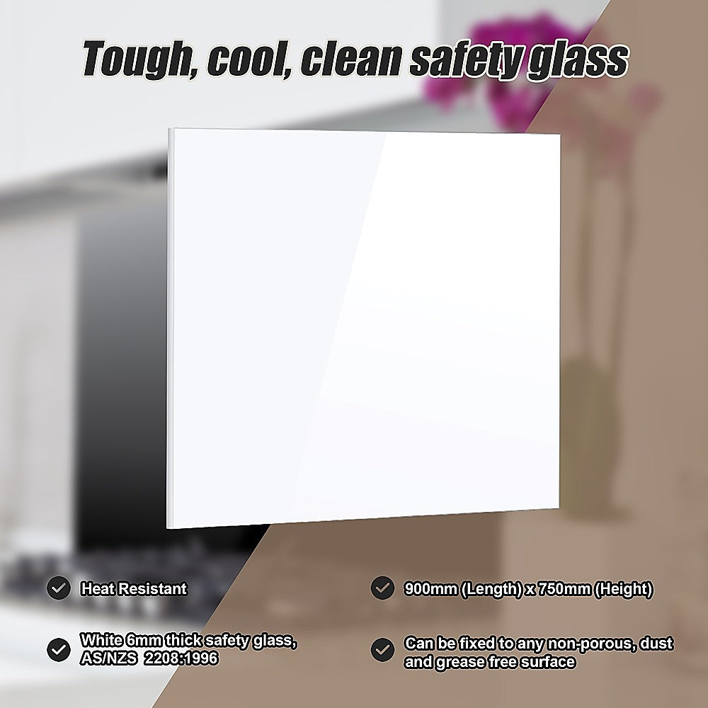 Toughened 90cm x 75cm White Glass Kitchen Splashback